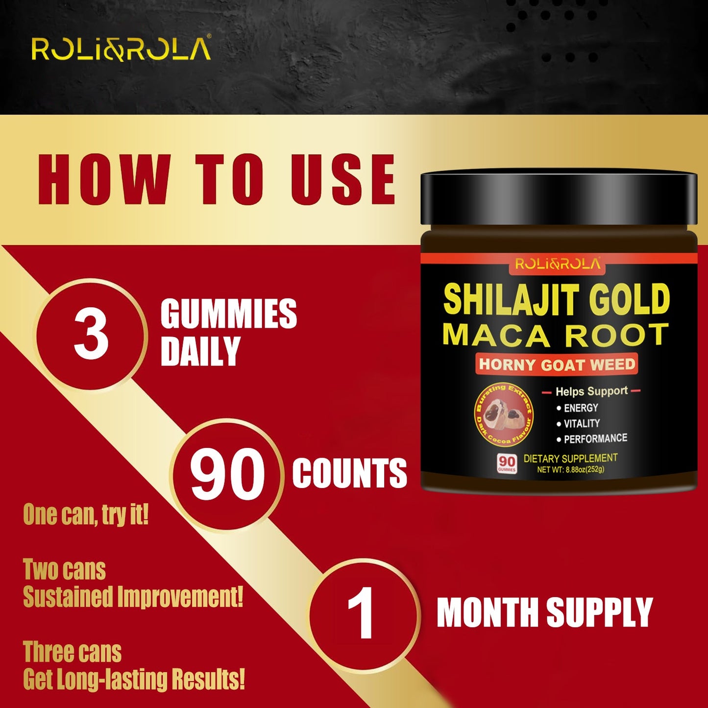 ROLI&ROLA Pure Himalayan Shilajit Gold Filled Gummies | With Maca Root,Horny Goat Weed & other herbs| Sugar Free | 90 Gummies Hot Cocoa Flavor