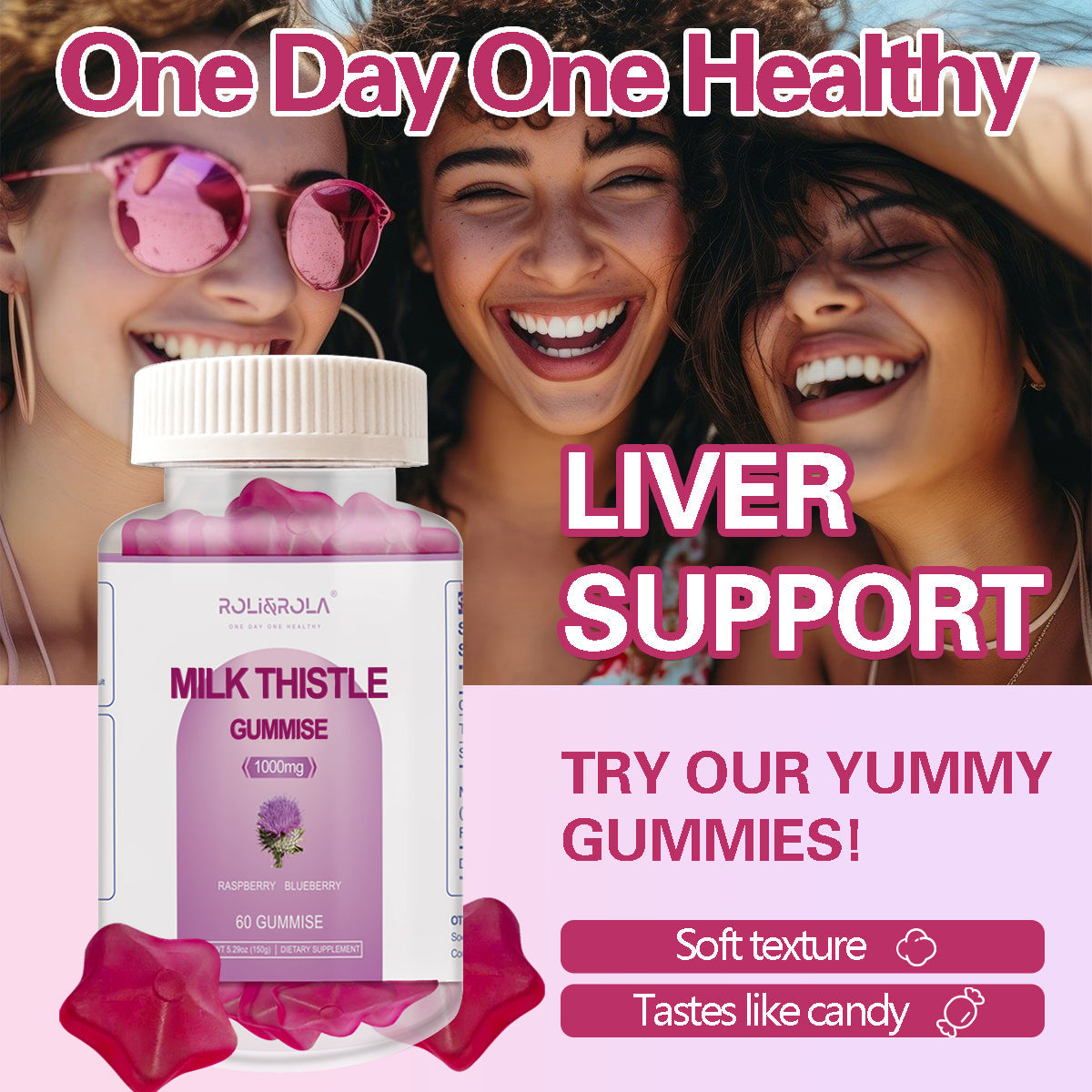 ROLI&ROLA Sugar-Free Milk Thistle Gummies Liver Cleanse, Detox & Cell Repair Cardo,Raspberry and Blueberry Flavored,2/4 Bottles*60 Gummies