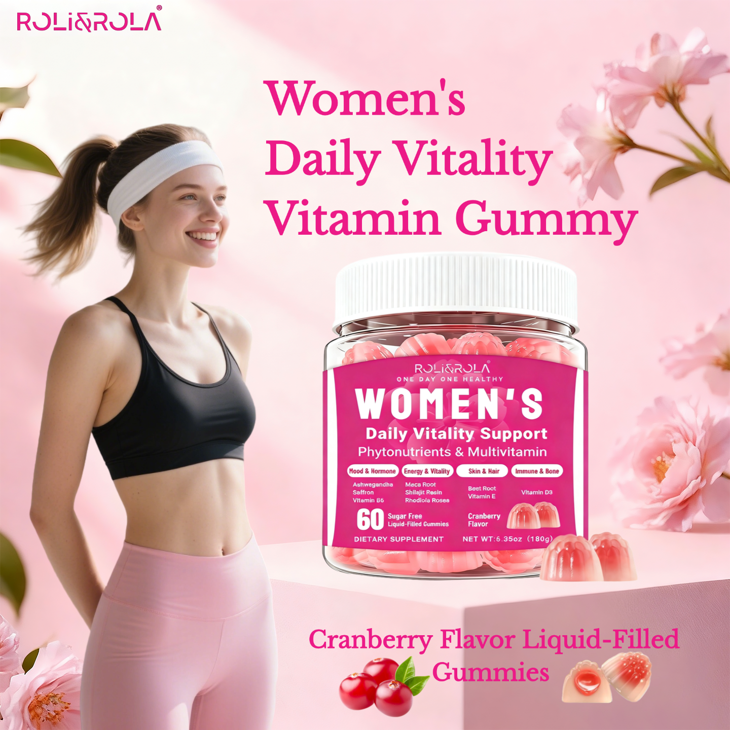  ROLI&ROLA Women's Daily Vitality Gummies - Cranberry Flavor supplement facts and ingredients label