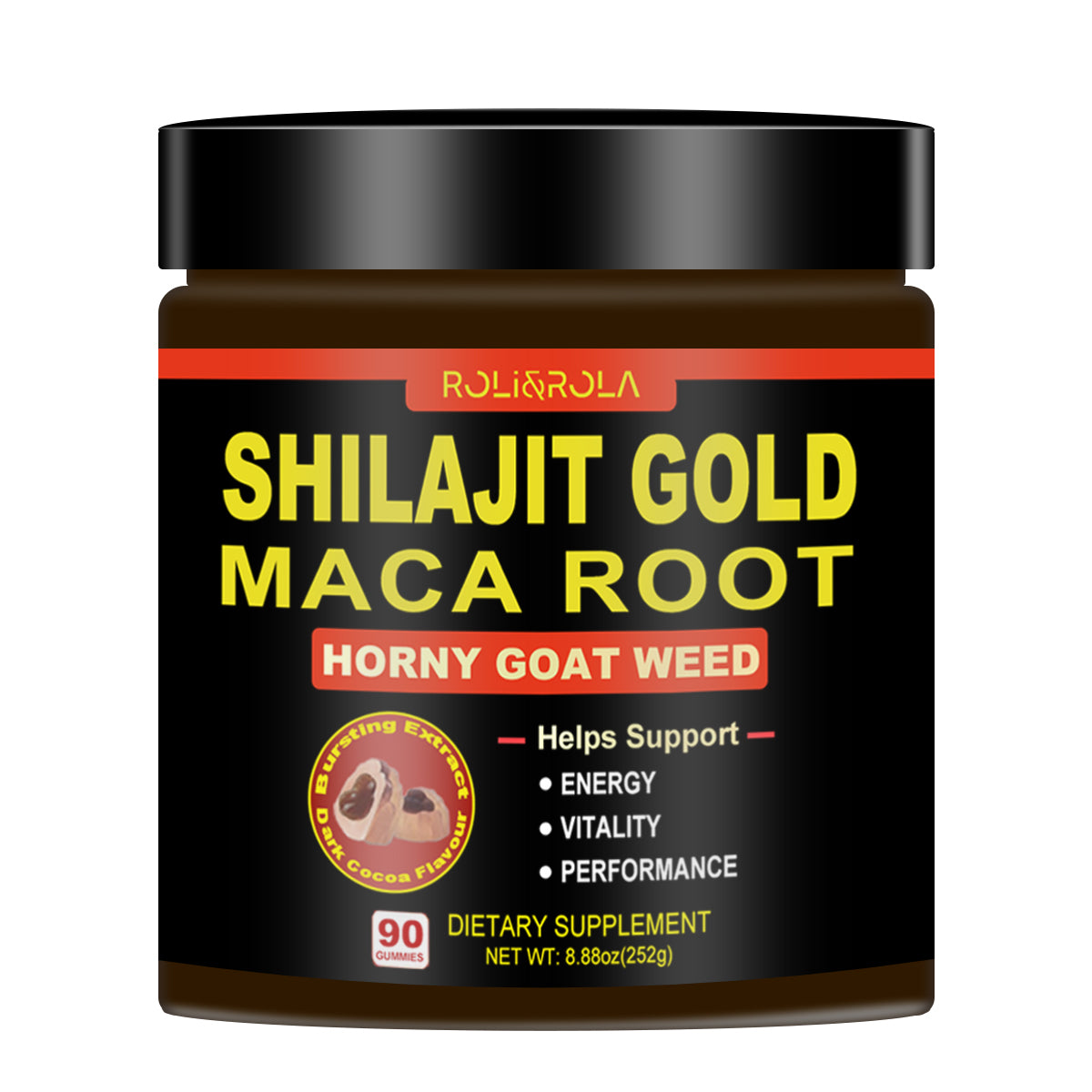ROLI&ROLA Pure Himalayan Shilajit Gold Filled Gummies | With Maca Root,Horny Goat Weed & other herbs| Sugar Free | 90 Gummies Hot Cocoa Flavor
