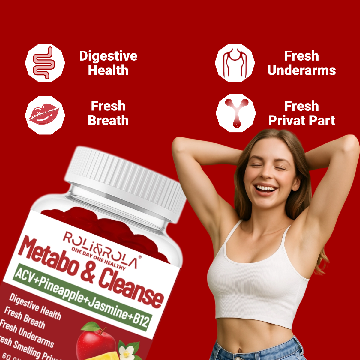 ROLI&ROLA New ACV Metabo & Cleanse Vitamins Vegan Gummies. Health Gut and Body Fresh.60 Count