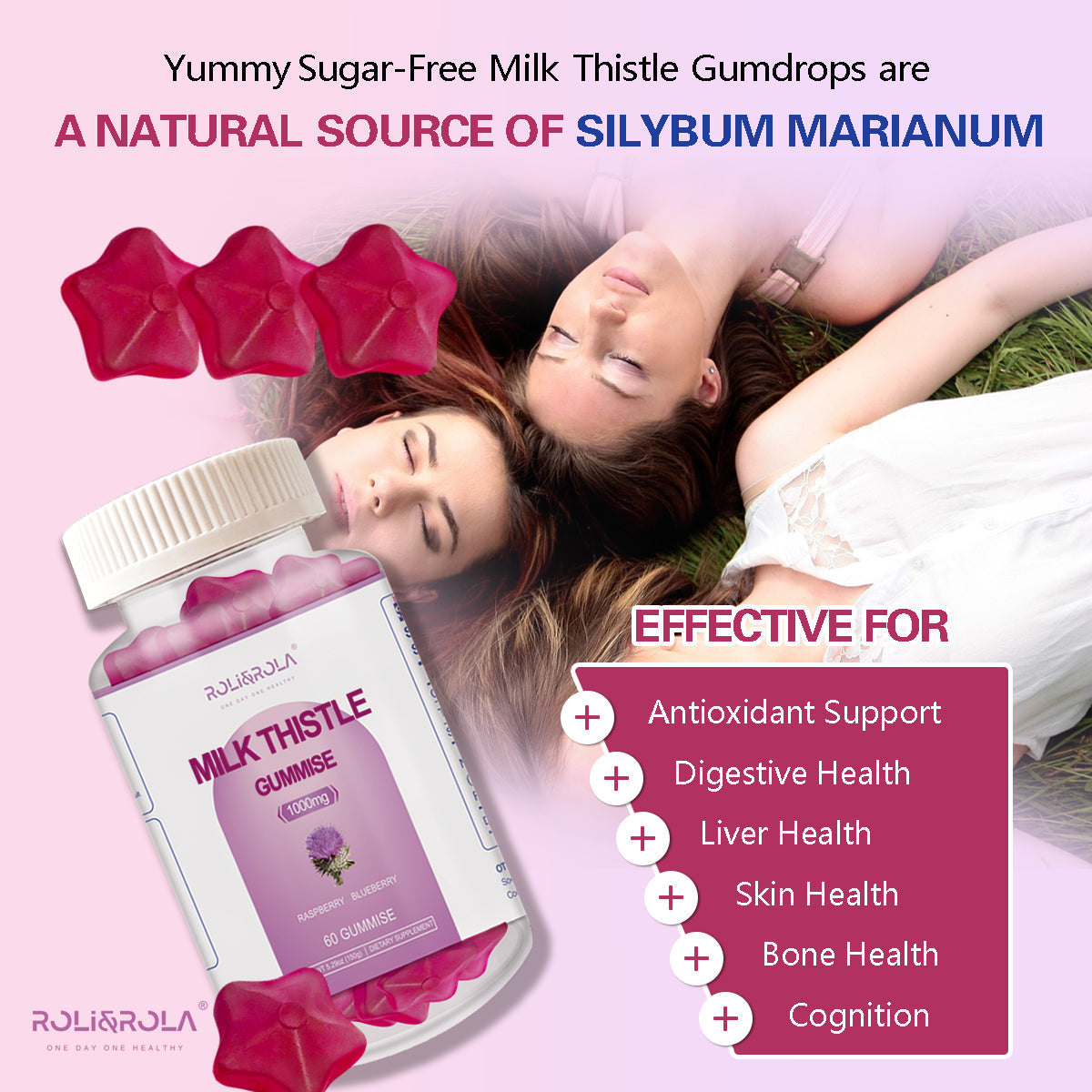 ROLI&ROLA Sugar-Free Milk Thistle Gummies Liver Cleanse, Detox & Cell Repair Cardo,Raspberry and Blueberry Flavored,2/4 Bottles*60 Gummies