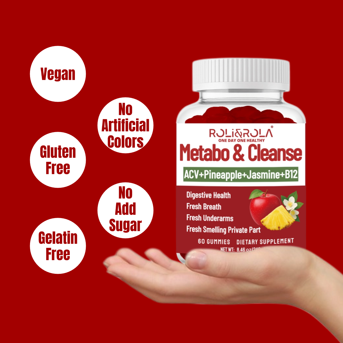 ROLI&ROLA New ACV Metabo & Cleanse Vitamins Vegan Gummies. Health Gut and Body Fresh.60 Count