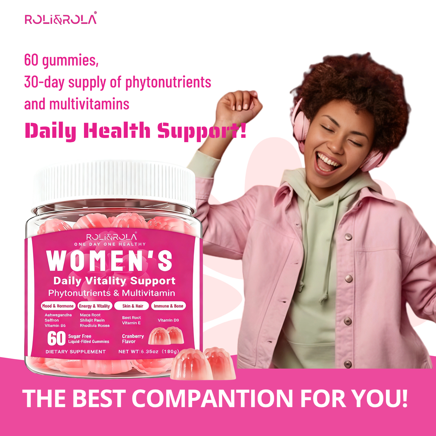 ROLI&ROLA Women's Daily Vitality Sandwich Vegan Gummies. Cranberry Flavor 60 Count.