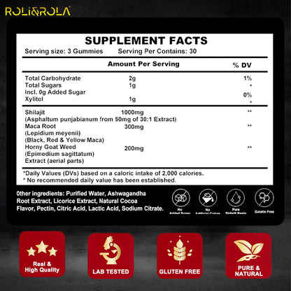 ROLI&ROLA Pure Himalayan Shilajit Gold Filled Gummies | With Maca Root,Horny Goat Weed & other herbs| Sugar Free | 90 Gummies Hot Cocoa Flavor