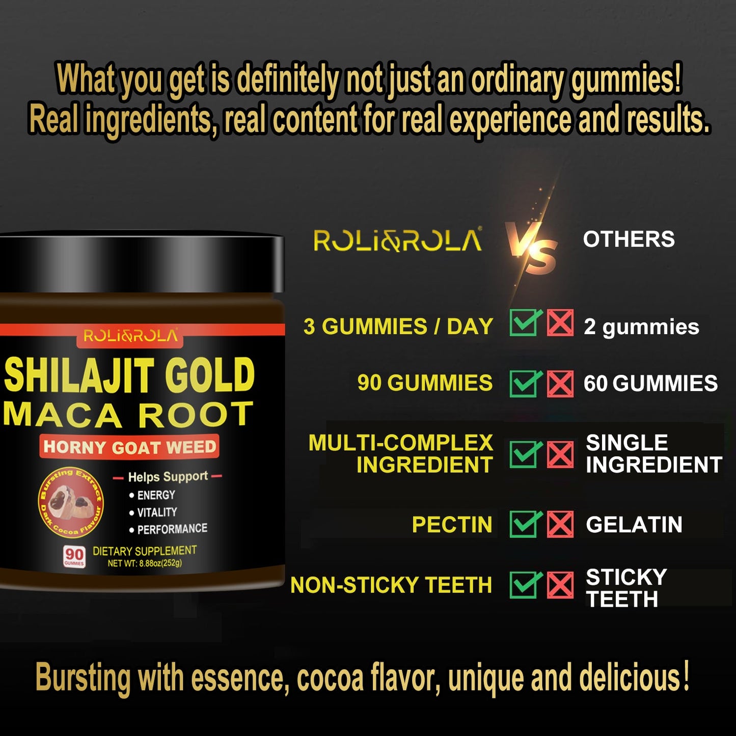 ROLI&ROLA Pure Himalayan Shilajit Gold Filled Gummies | With Maca Root,Horny Goat Weed & other herbs| Sugar Free | 90 Gummies Hot Cocoa Flavor