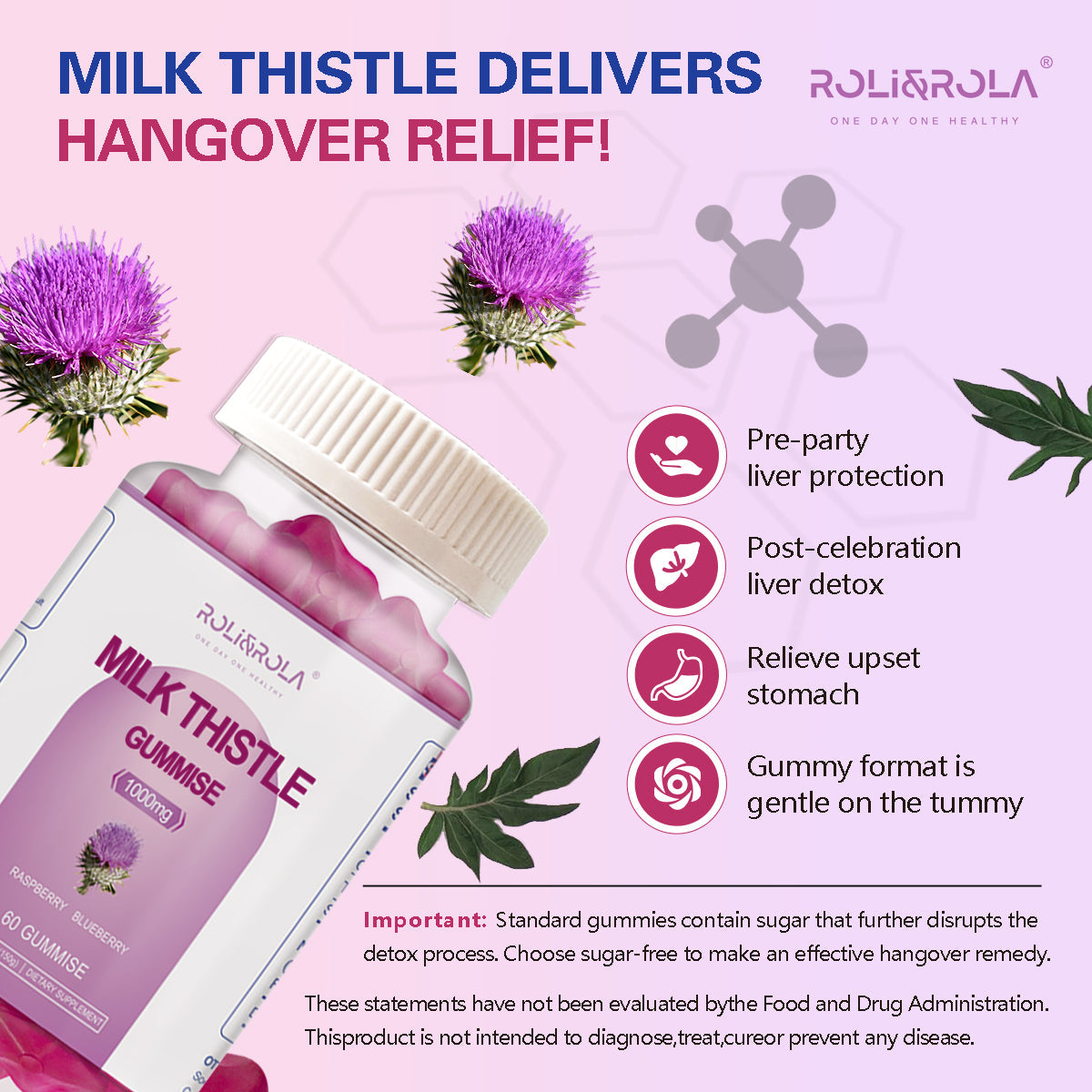 ROLI&ROLA Sugar-Free Milk Thistle Gummies Liver Cleanse, Detox & Cell Repair Cardo,Raspberry and Blueberry Flavored,2/4 Bottles*60 Gummies