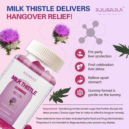 ROLI&ROLA Sugar-Free Milk Thistle Gummies Liver Cleanse, Detox & Cell Repair Cardo,Raspberry and Blueberry Flavored,2/4 Bottles*60 Gummies