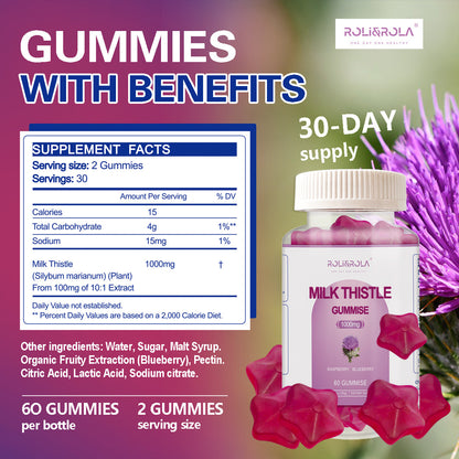 ROLI&ROLA Sugar-Free Milk Thistle Gummies Liver Cleanse, Detox & Cell Repair Cardo,Raspberry and Blueberry Flavored,2/4 Bottles*60 Gummies